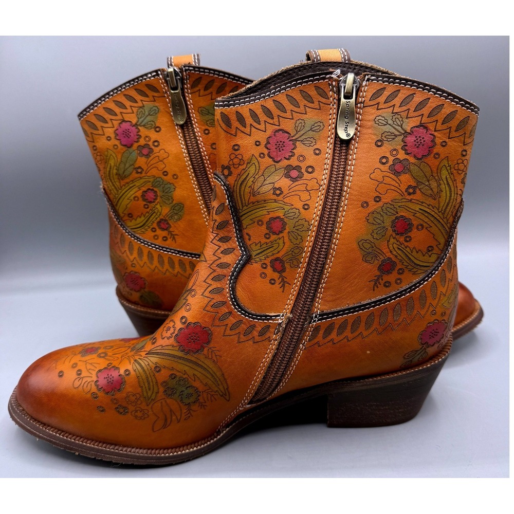 L'Artiste Spring Step Galop-CA Tan Leather Floral Western Ankle Boots Womens 41 - Picture 14 of 16